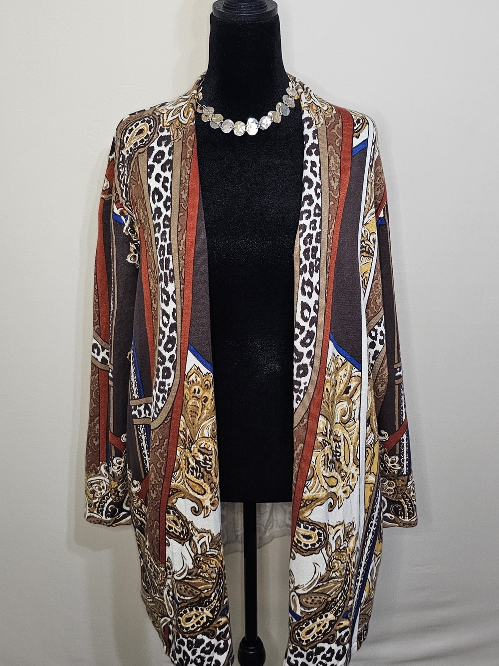 Chico’s Boho Mixed Animal Print Scroll Duster Cardigan Kimono Jacket Size M / L